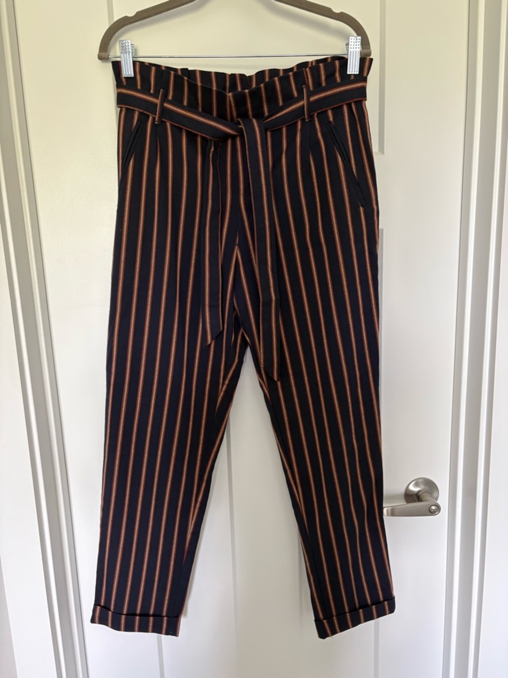 Zara Trafaluc Collection Navy Vertical Stripe Paper Bag waist Pants - Size 5
